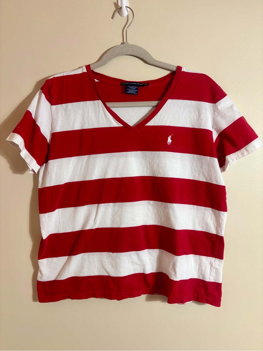 Ralph Lauren Sport Y2K Red & White Striped V-Neck Polo Tee Shirt Women's XL